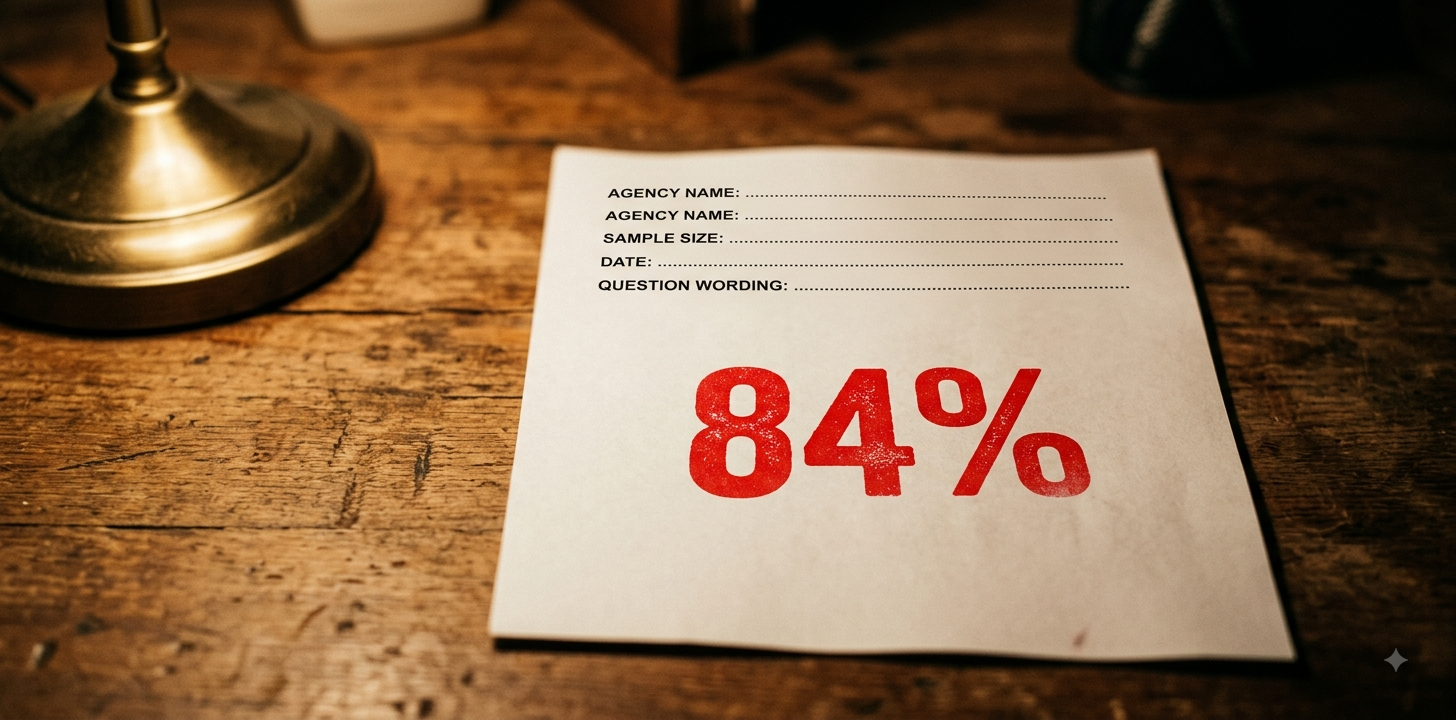 Detail dotazníku s prázdným záhlavím — bez agentury, počtu dotázaných, data i otázky — a pod ním velké červené razítko s číslem 84 %.