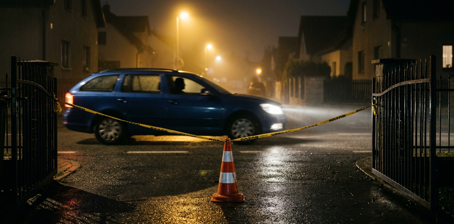 Zatarasený vjezd s cedulí zákazu parkování v popředí, zatímco stejné auto v pozadí normálně projíždí po ulici.