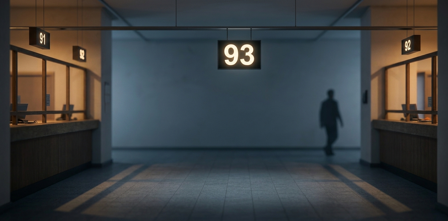 Poštovní hala se dvěma osvětlenými přepážkovými okénky, mezi nimiž visí nad prázdnou chodbou bez okénka svítící cedule s číslem 93.
