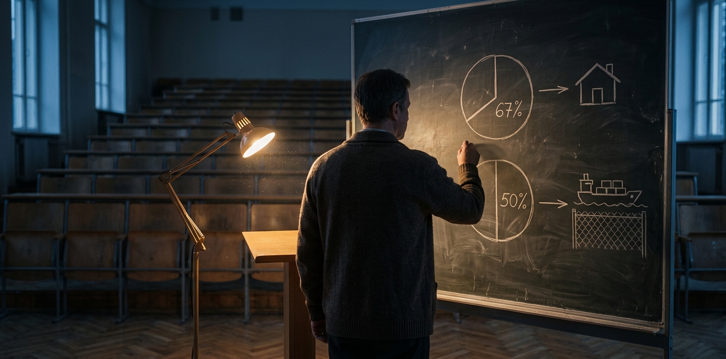 Muž zezadu stojí s křídou v ruce u tabule, na které jsou dva výseky diagramu s prohozenými popisky 67 % a 50 % vedle ikon domu a lodi za plotem.