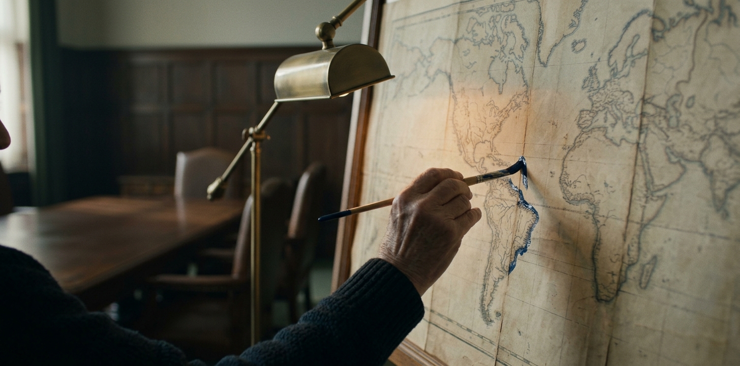 Ruka se štětcem přetahuje barvou hraniční linii na staré nástěnné mapě v prázdné zasedací místnosti.