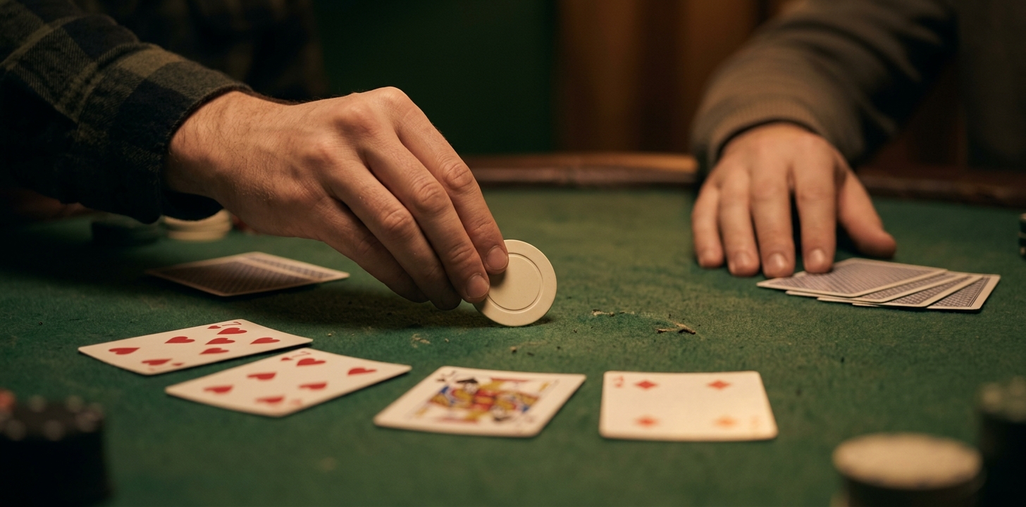Ruka přisouvá přes pokerový stůl prázdný žeton bez hodnoty místo hrací karty, kolem leží sehrané karty lícem nahoru.