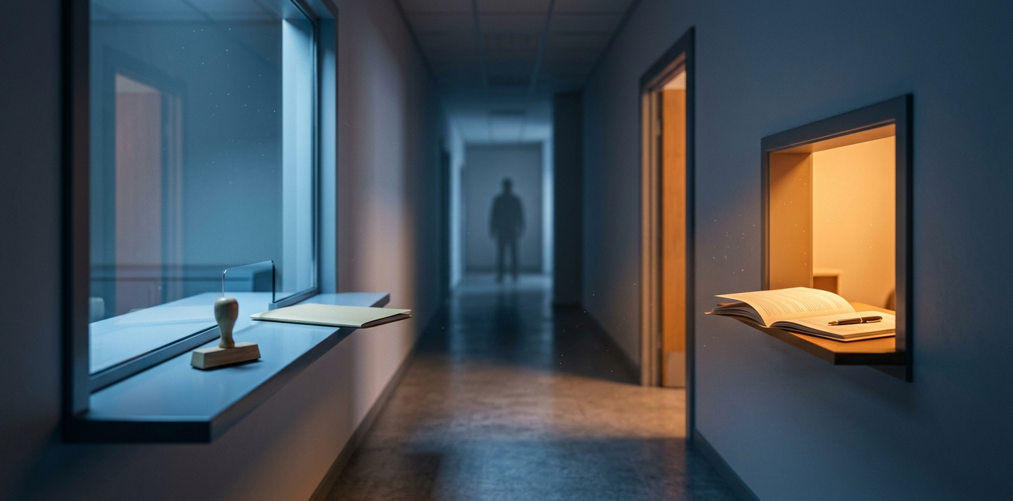 Tichá úřední chodba: vlevo velké přepážkové okno ve studeném světle s odsunutou zavřenou složkou, vpravo za dveřmi malé okénko v teplém světle, na jehož pultu leží vedle sebe dvě otevřené složky.