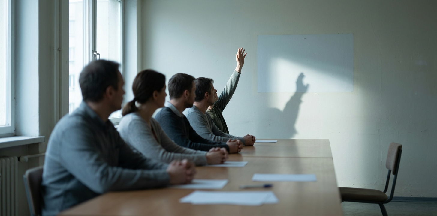 Zasedací místnost činžáku: pět lidí zezadu sedí v řadě u stolu, jen jeden vzadu zvedá ruku, zbylí čtyři mají ruce na stole; zvednutá ruka vrhá dlouhý stín na zeď.